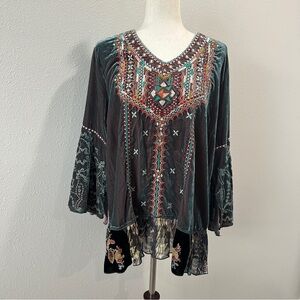 John Mark Embroidered Blouse - Dark Teal and Multicolor